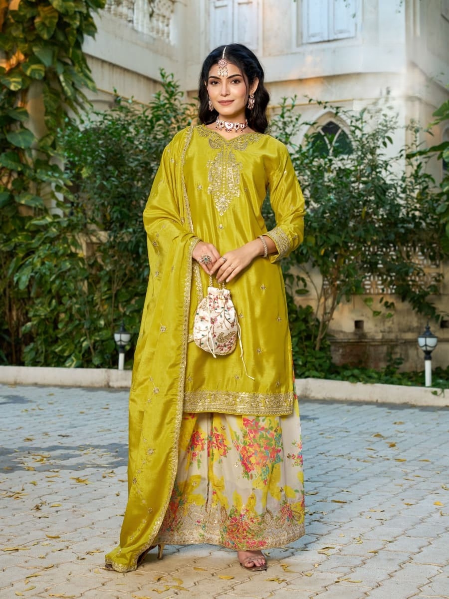 Mustard Floral Embroidered Chinon Palazzo Suit