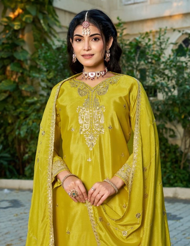 Mustard Floral Embroidered Chinon Palazzo Suit