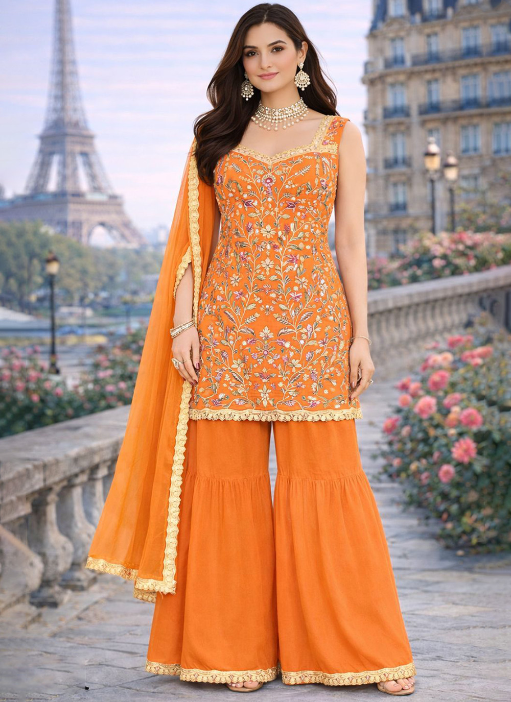 Mustard Floral Embroidered Designer Sharara Suit
