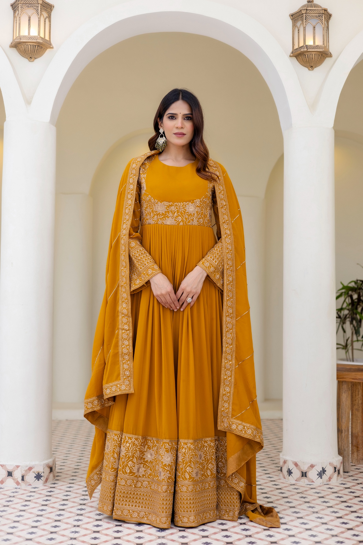 Mustard Floral Embroidered Georgette Empire Gown