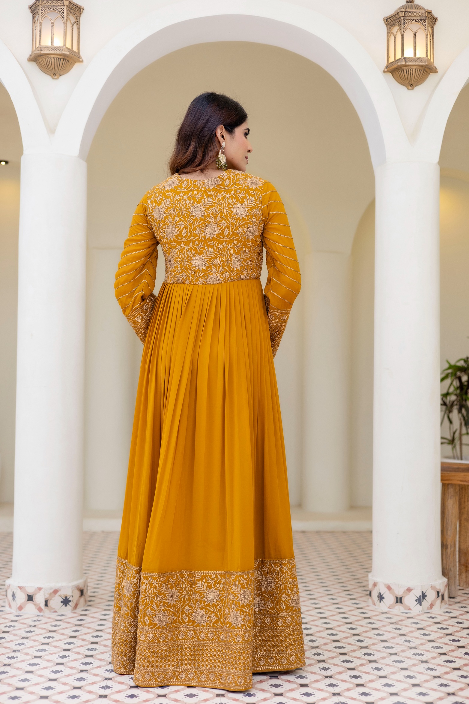 Mustard Floral Embroidered Georgette Empire Gown — alternate view