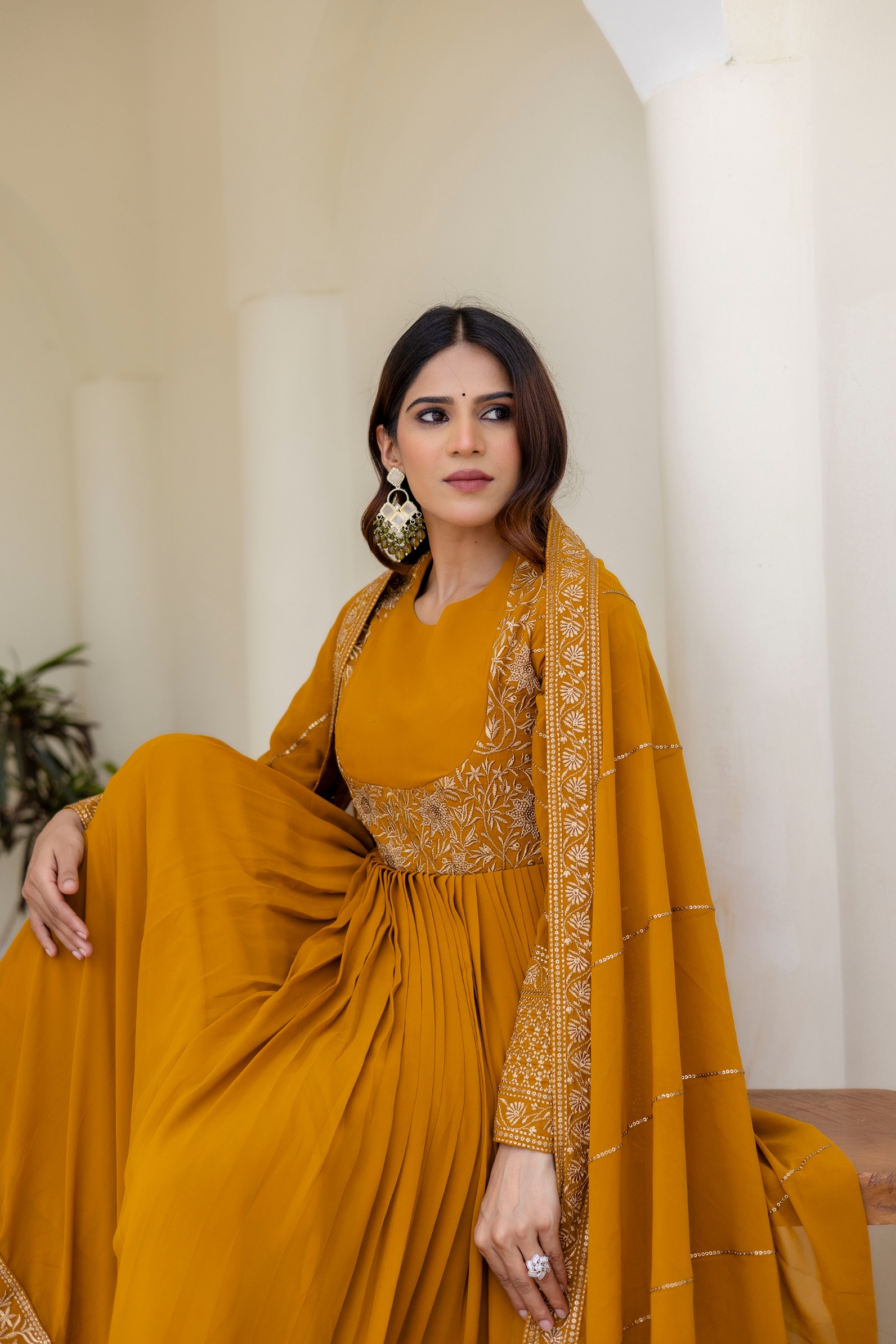 Mustard Floral Embroidered Georgette Empire Gown
