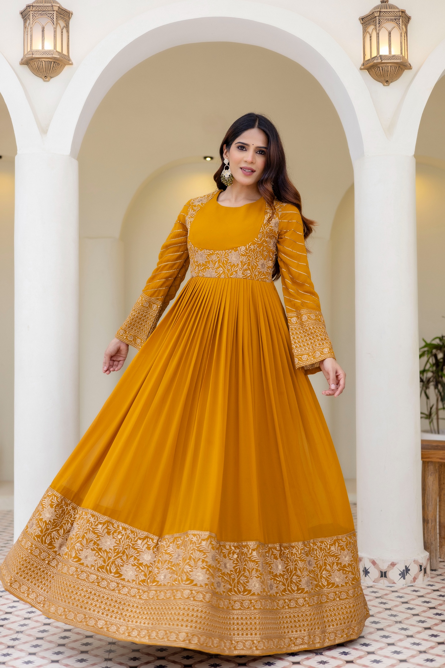 Mustard Floral Embroidered Georgette Empire Gown