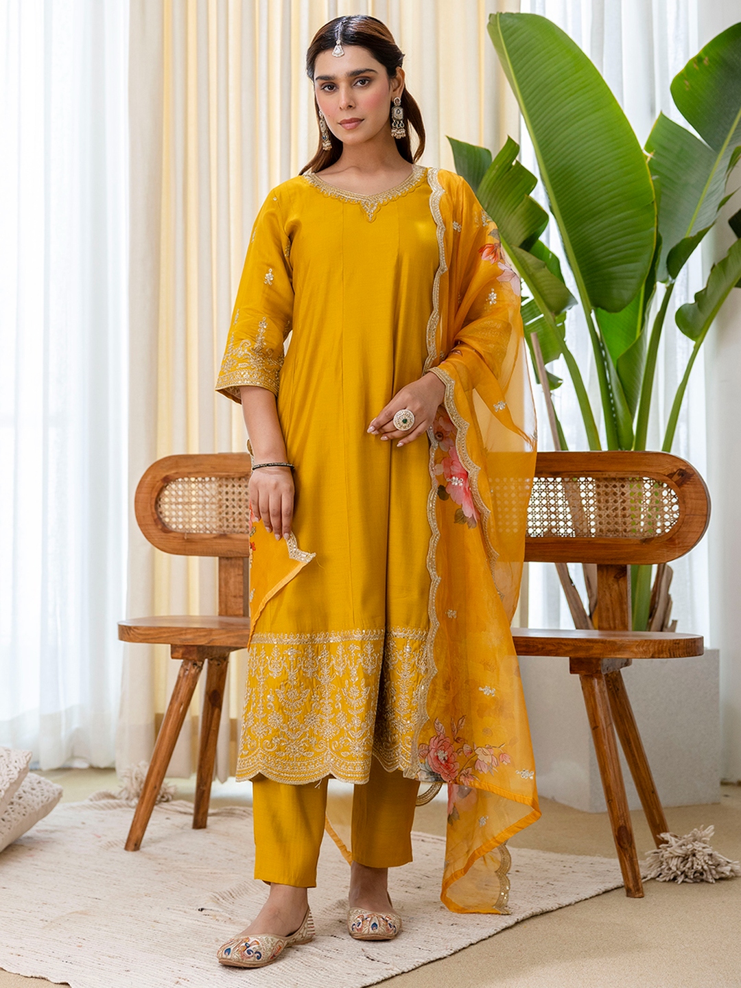 Mustard Floral Embroidered Silk Blend Salwar Suit