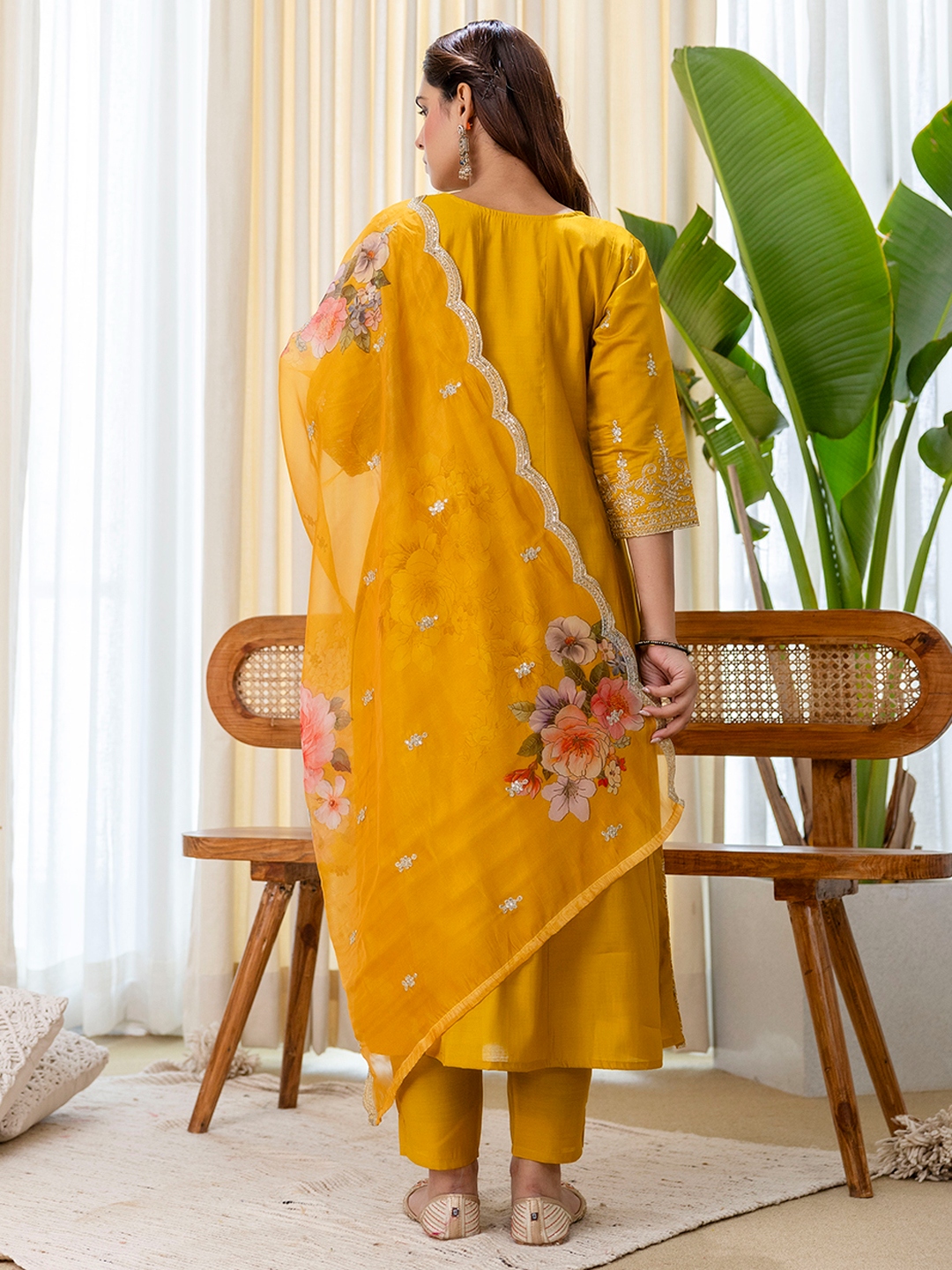 Mustard Floral Embroidered Silk Blend Salwar Suit — alternate view