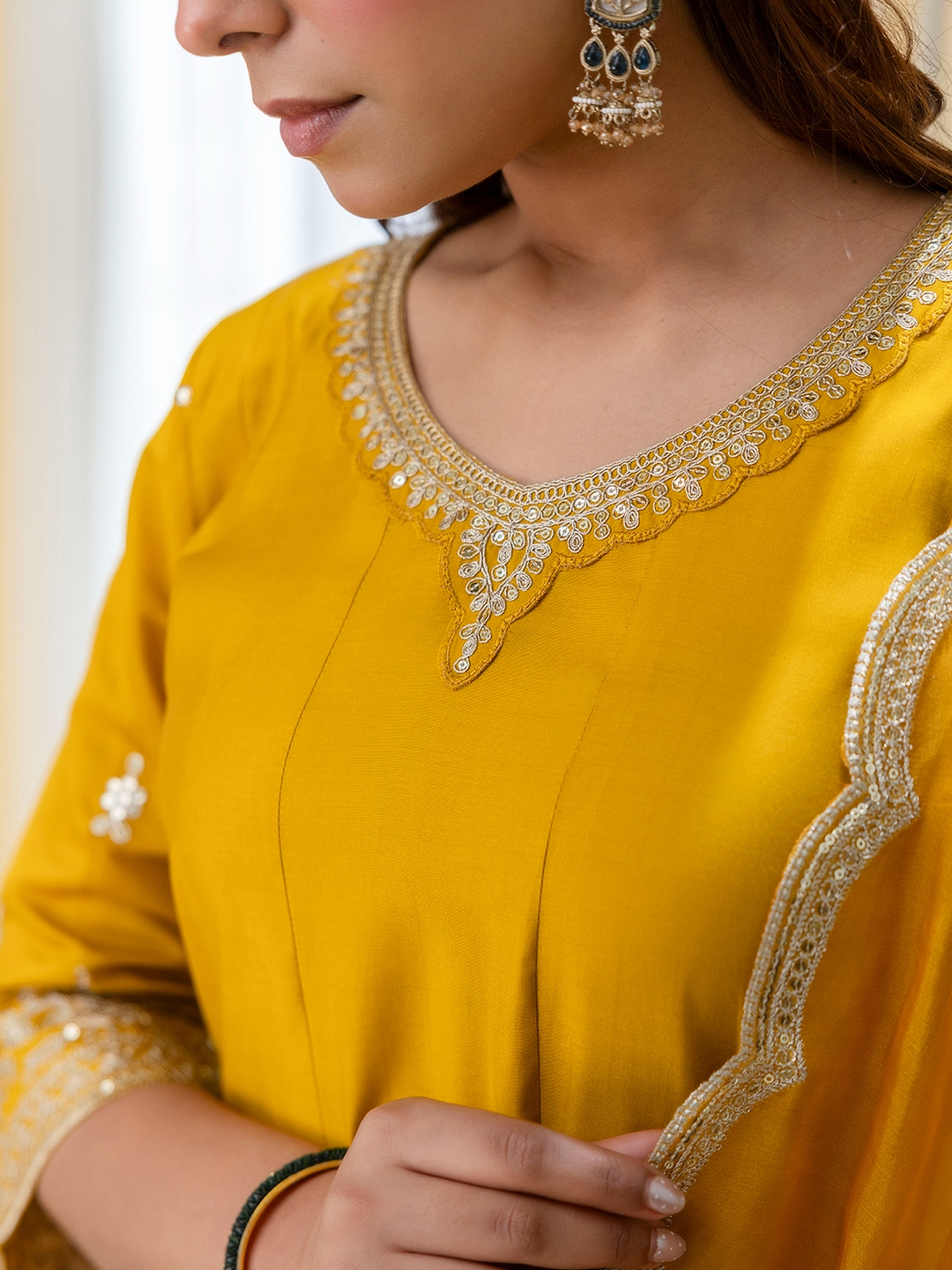 Mustard Floral Embroidered Silk Blend Salwar Suit