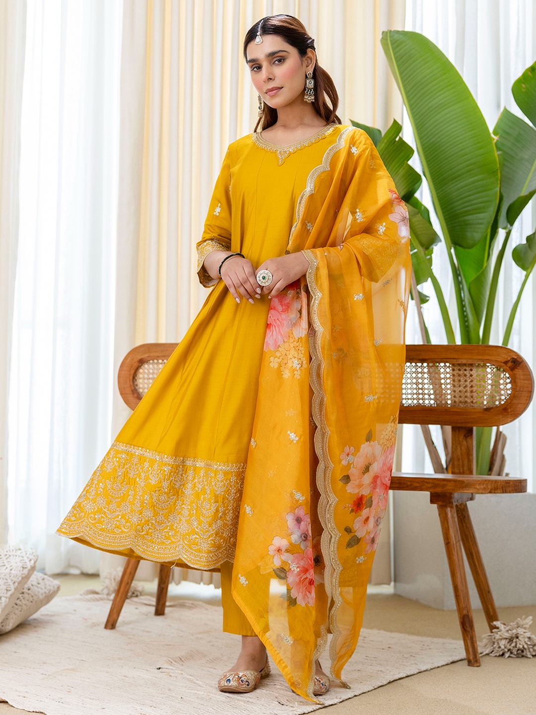 Mustard Floral Embroidered Silk Blend Salwar Suit