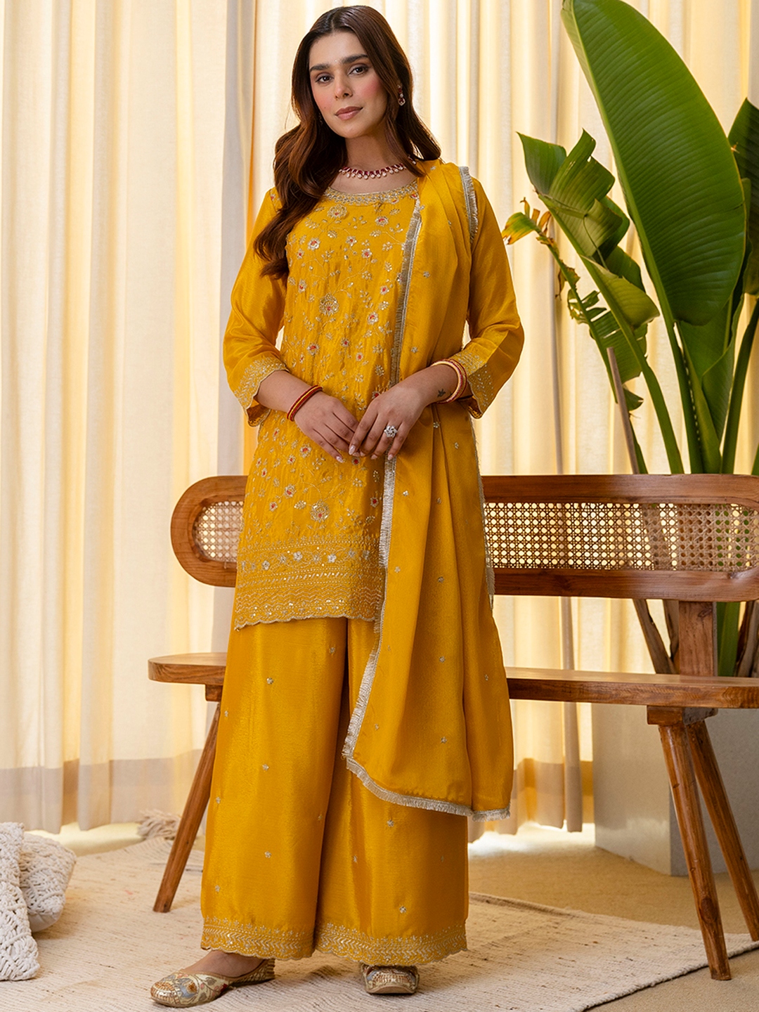 Mustard Floral Embroidered Silk Blend Sharara Suit