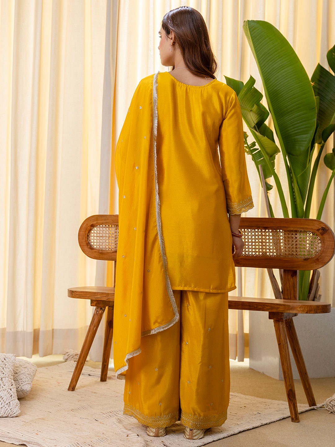 Mustard Floral Embroidered Silk Blend Sharara Suit — alternate view