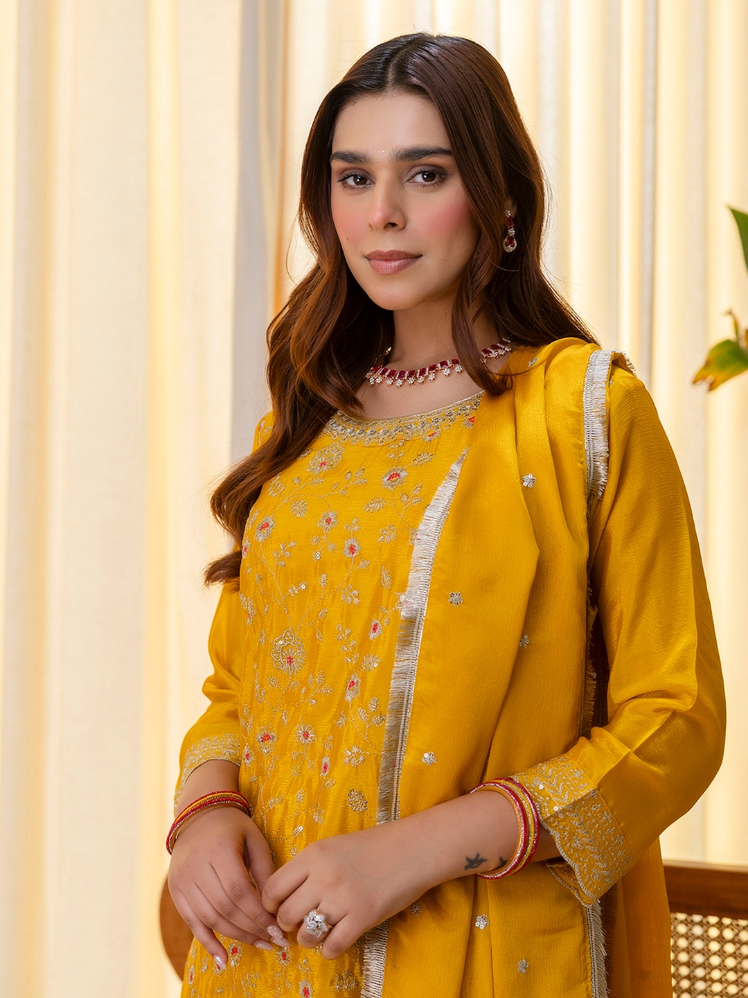 Mustard Floral Embroidered Silk Blend Sharara Suit