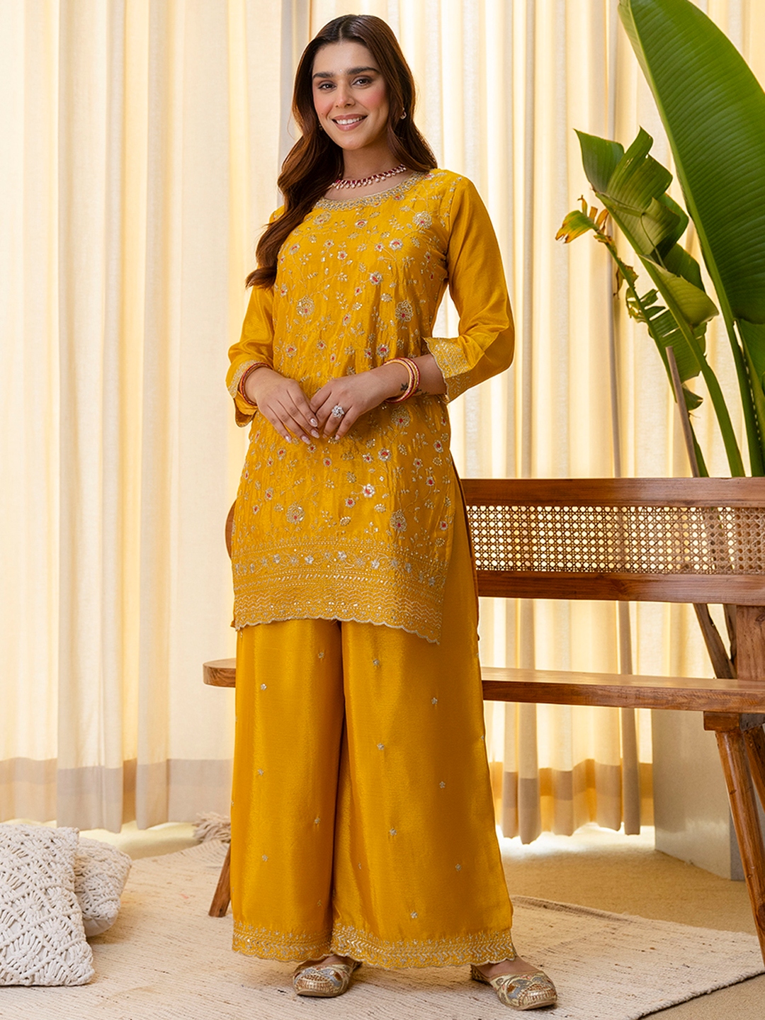 Mustard Floral Embroidered Silk Blend Sharara Suit