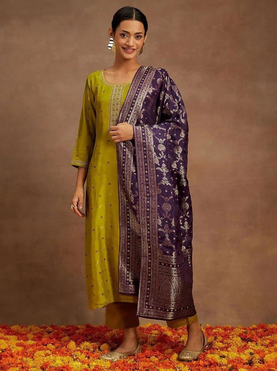 Mustard Floral Embroidery Art Silk Straight Suit