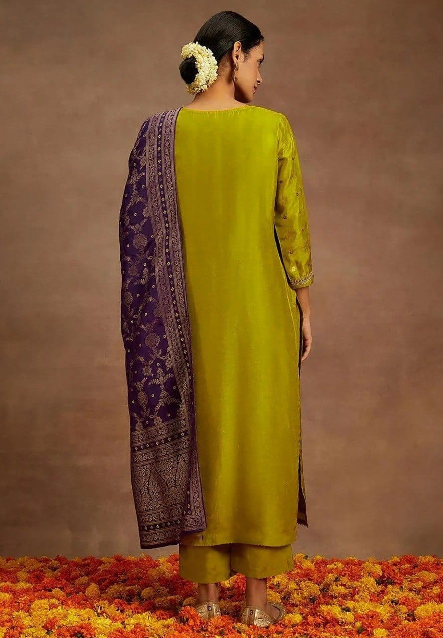 Mustard Floral Embroidery Art Silk Straight Suit — alternate view