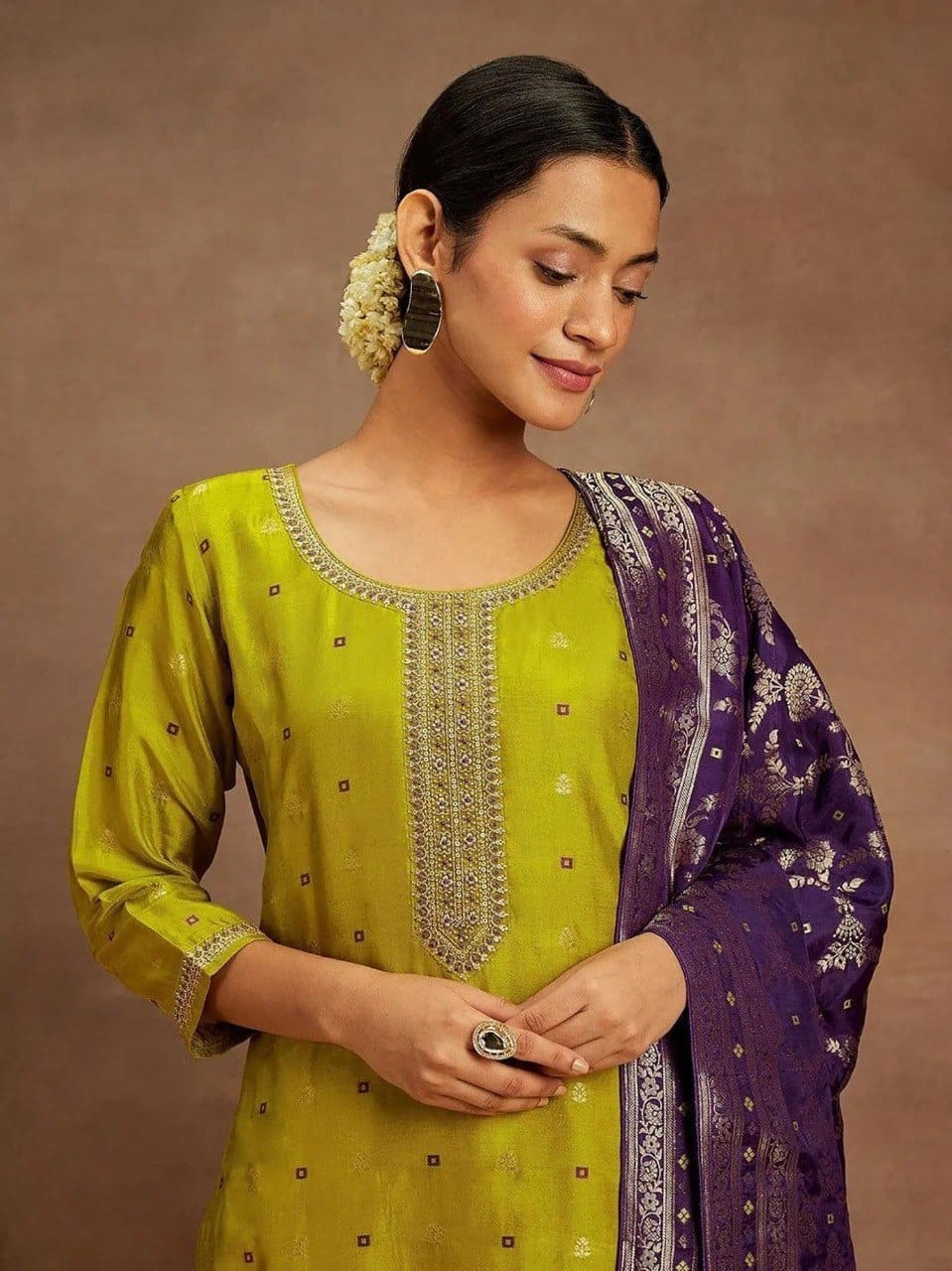 Mustard Floral Embroidery Art Silk Straight Suit