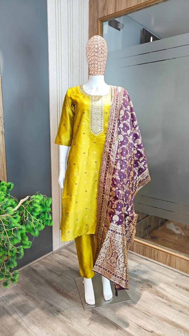 Mustard Floral Embroidery Art Silk Straight Suit