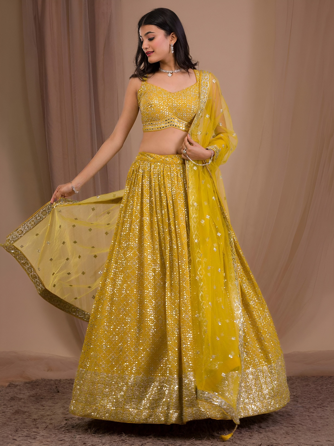 Mustard Floral Embroidery Georgette Lehenga Choli