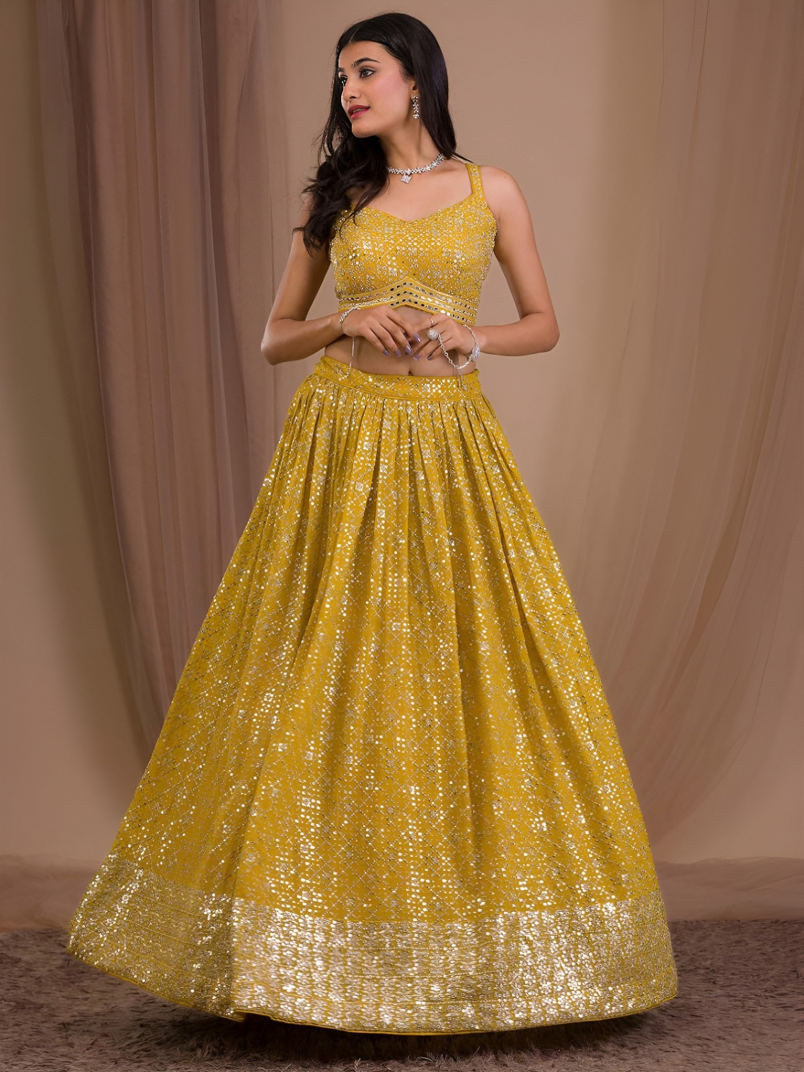 Mustard Floral Embroidery Georgette Lehenga Choli