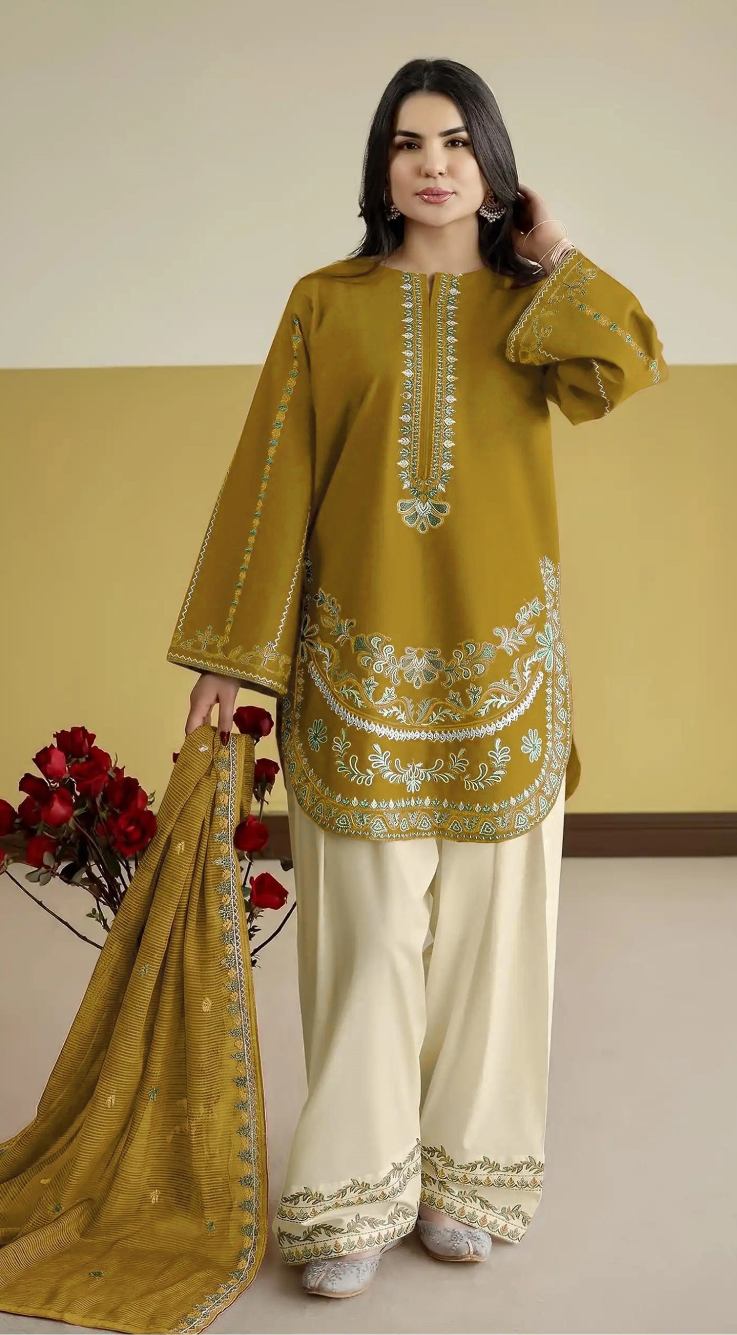 Mustard Floral Embroidery Roman Silk Palazzo Suit