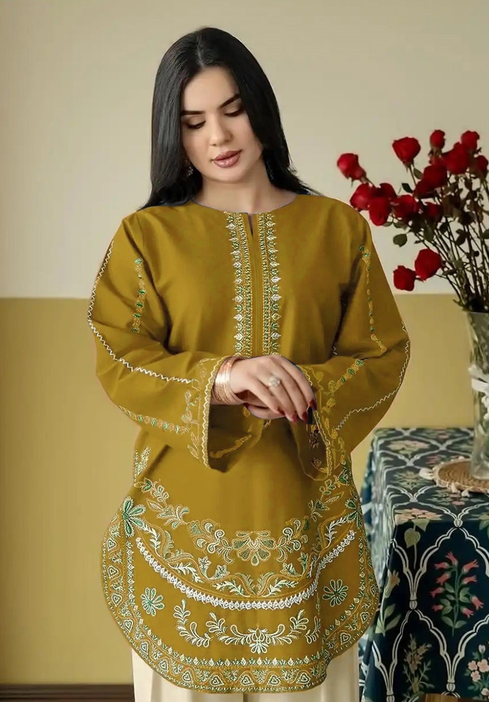 Mustard Floral Embroidery Roman Silk Palazzo Suit — alternate view