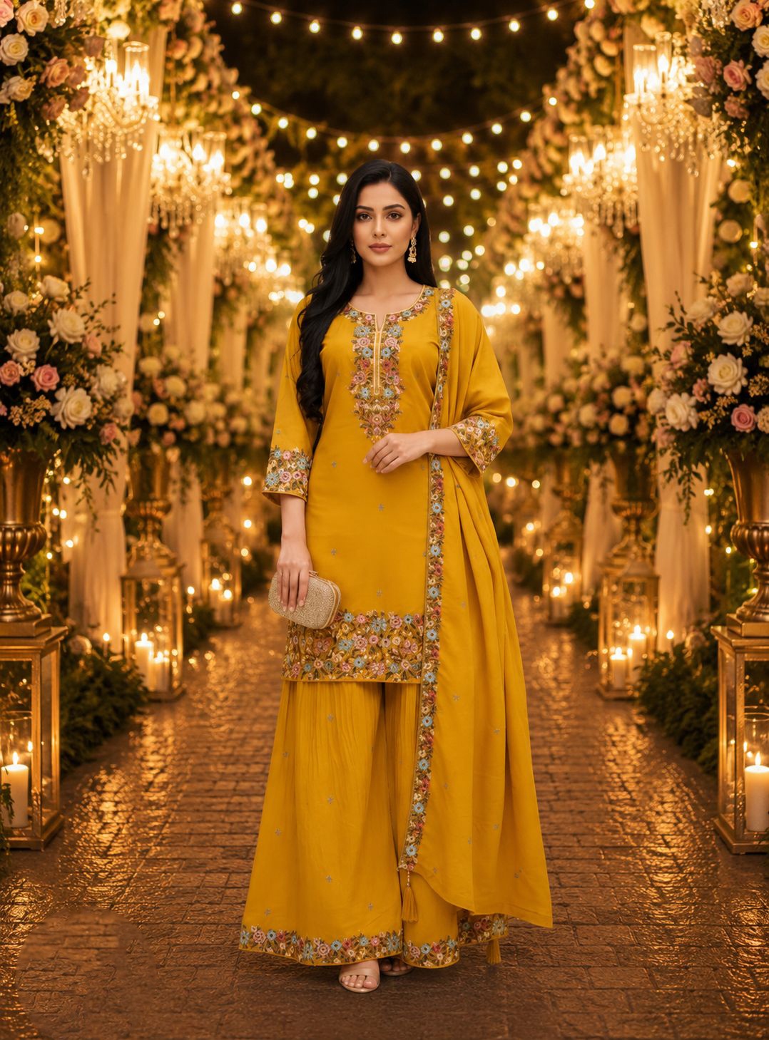 Mustard Floral Embroidery Roman Simmer Palazzo Suit