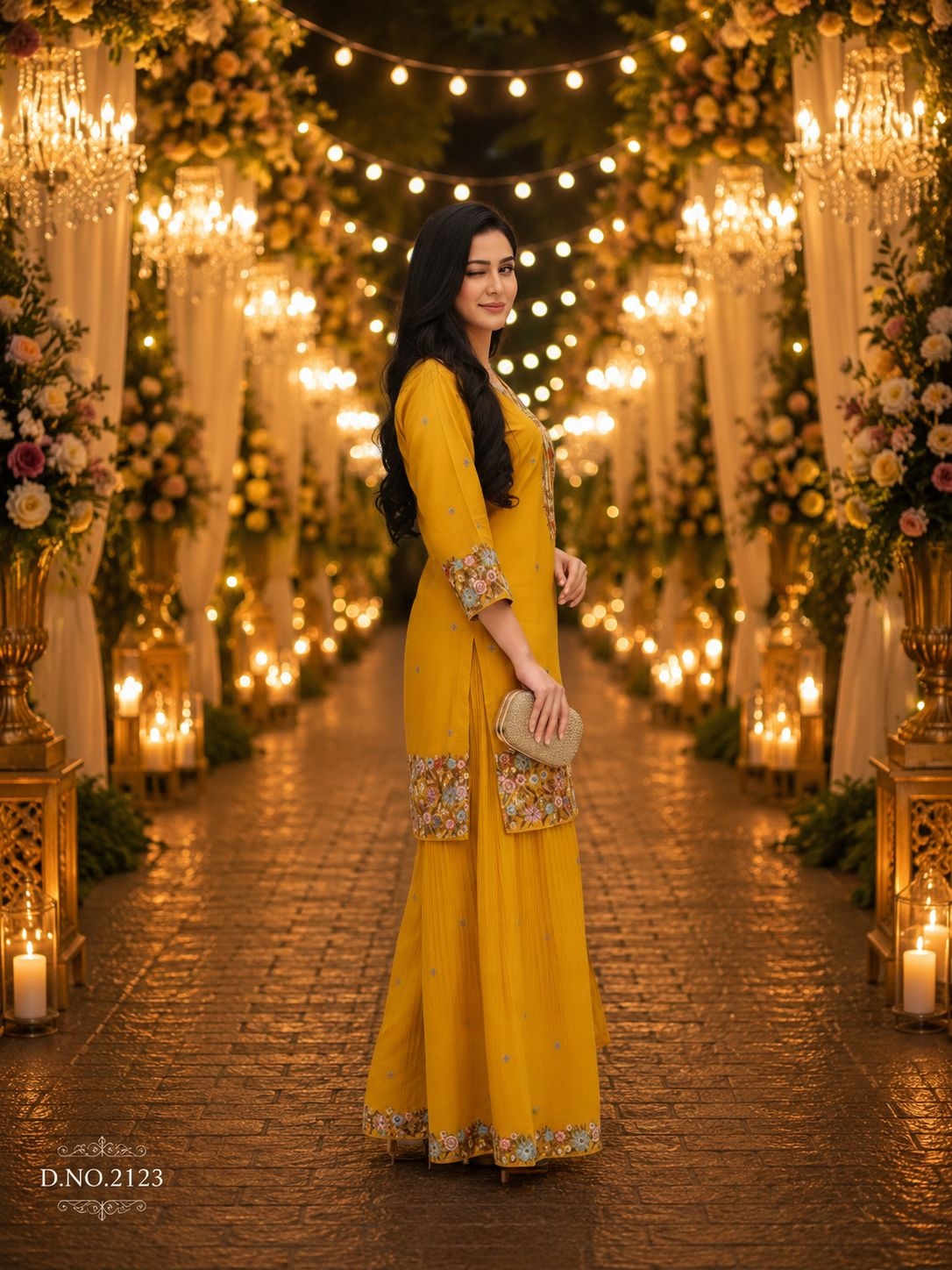 Mustard Floral Embroidery Roman Simmer Palazzo Suit — alternate view