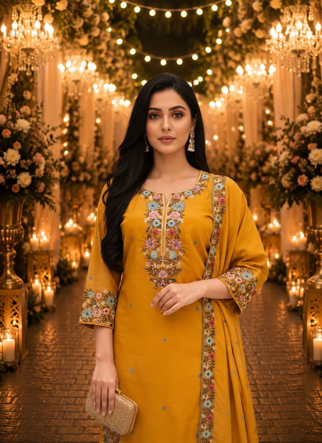 Mustard Floral Embroidery Roman Simmer Palazzo Suit