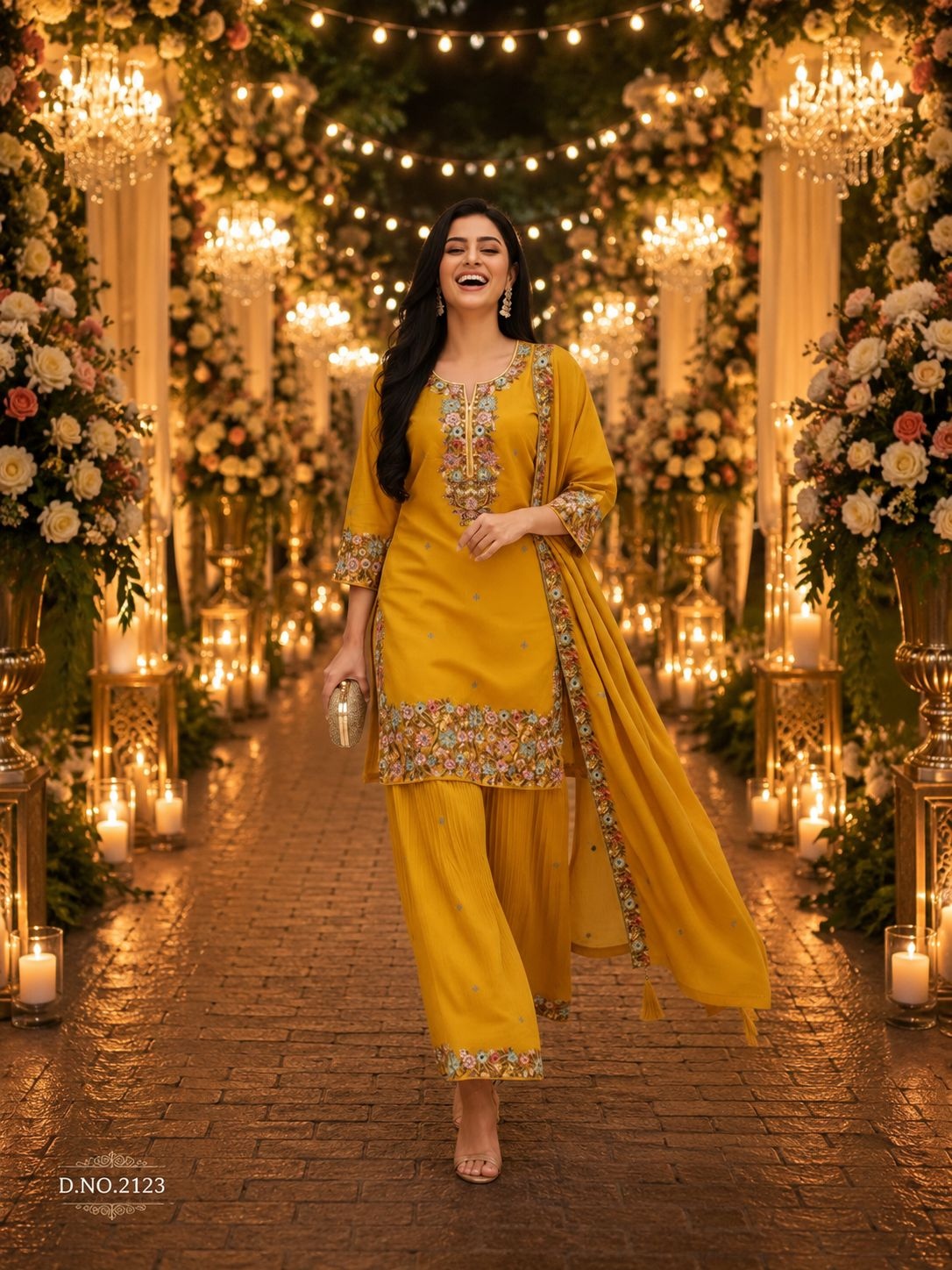 Mustard Floral Embroidery Roman Simmer Palazzo Suit