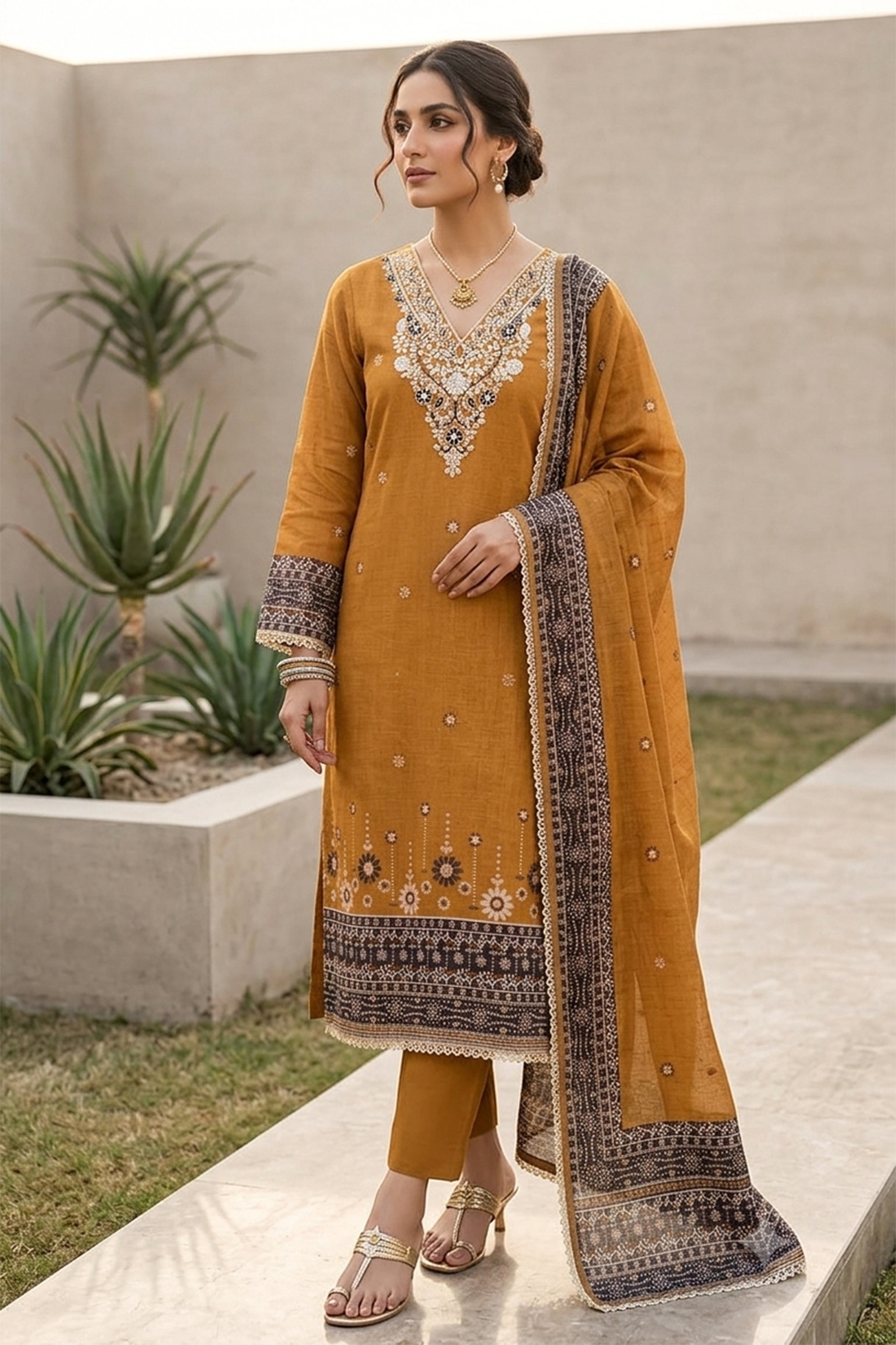 Mustard Floral Handwork Banarasi Cotton Straight Suit