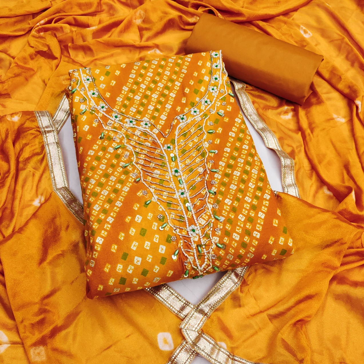 Mustard Floral Handwork Jam Cotton Straight Suit
