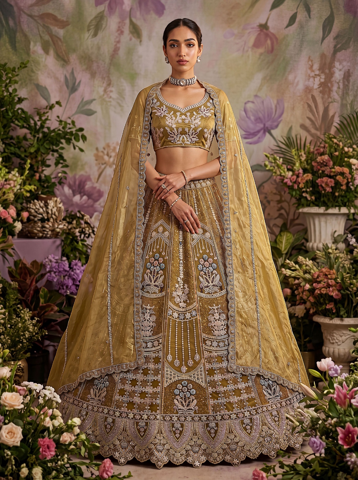 Mustard Floral Jaal Sequins Embroidery Net Lehenga Choli