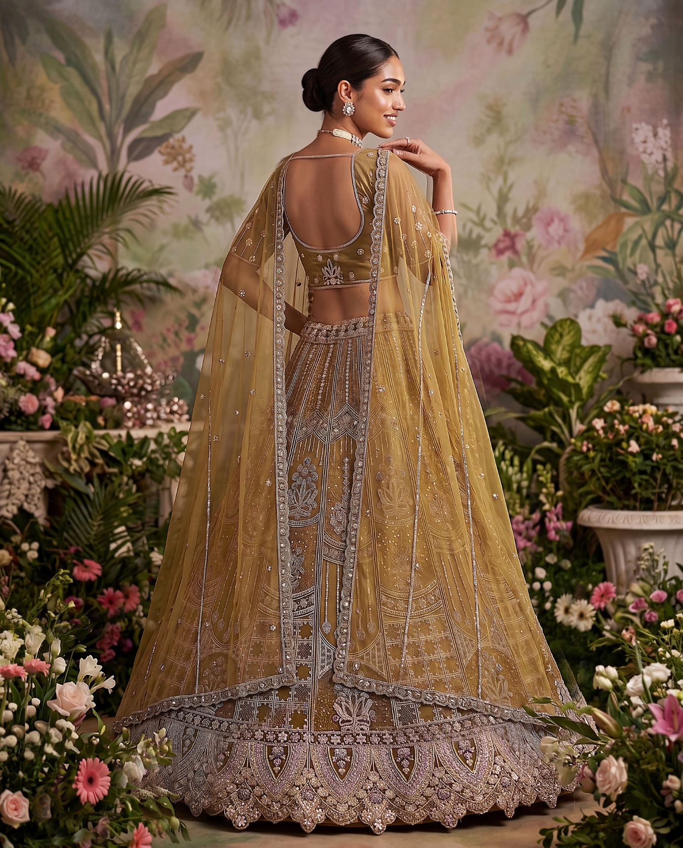 Mustard Floral Jaal Sequins Embroidery Net Lehenga Choli — alternate view
