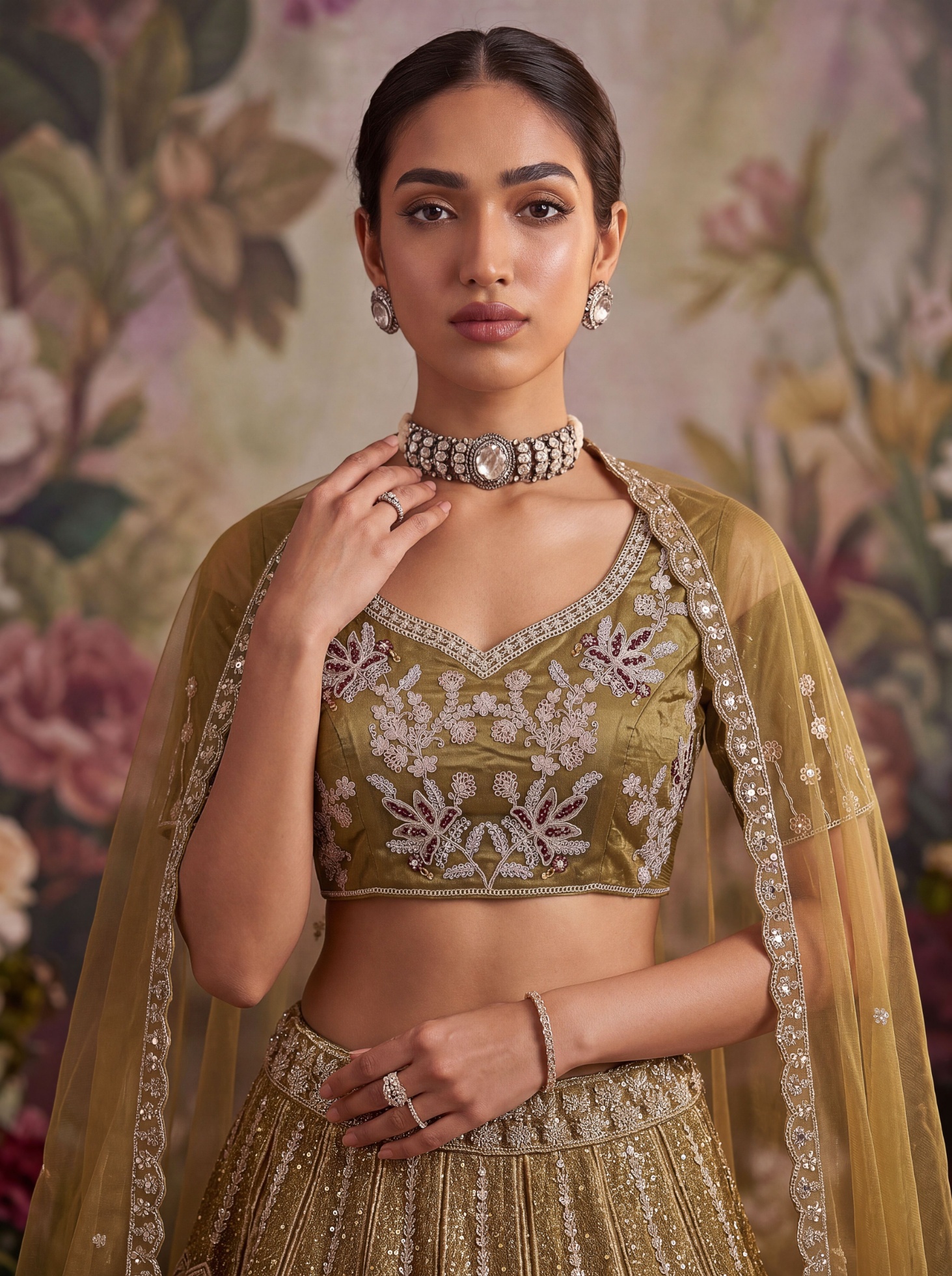 Mustard Floral Jaal Sequins Embroidery Net Lehenga Choli