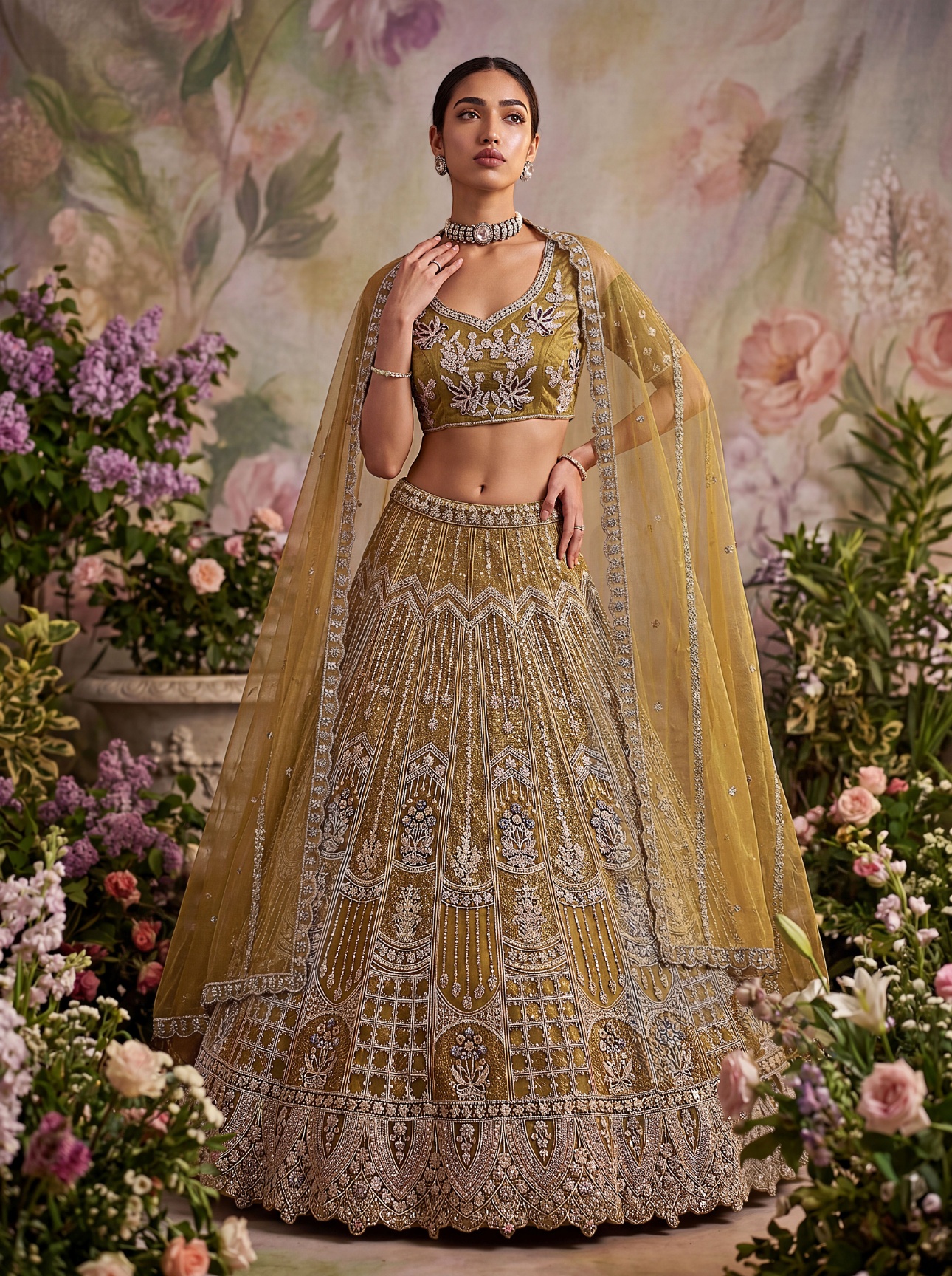 Mustard Floral Jaal Sequins Embroidery Net Lehenga Choli