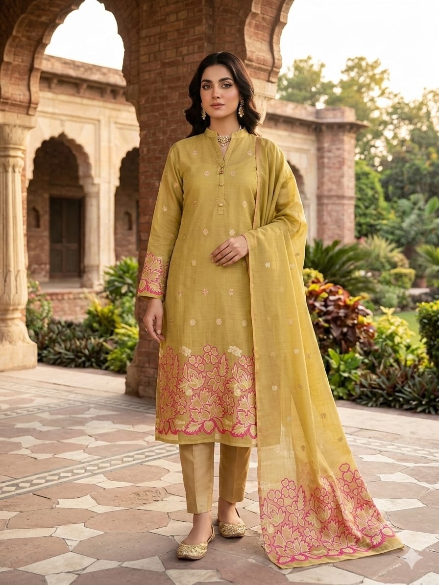 Mustard Floral Jamdani Jacquard Silk Straight Pant Suit