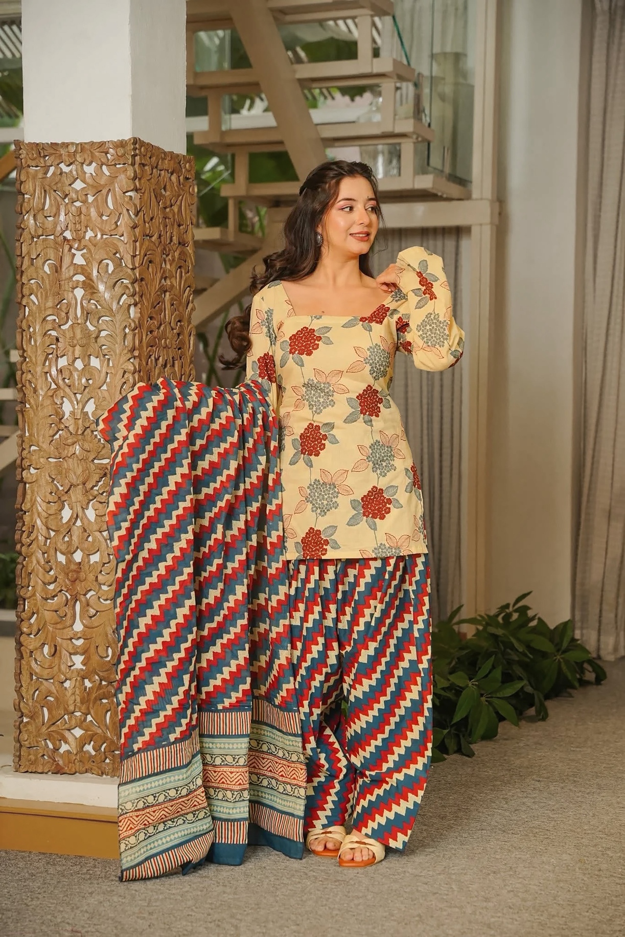 Mustard Floral Printed Cambric Cotton Kurta Set