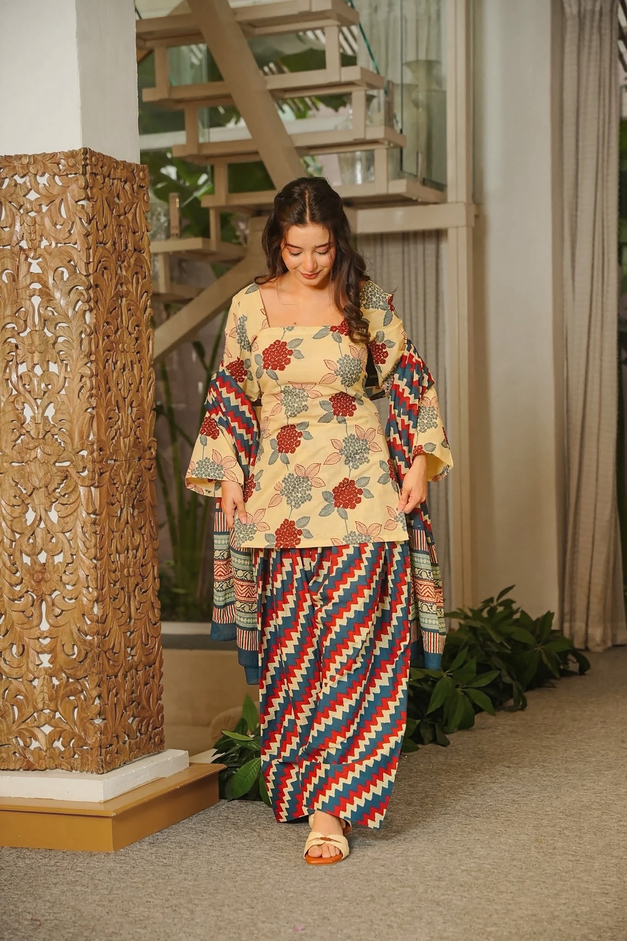 Mustard Floral Printed Cambric Cotton Kurta Set — alternate view
