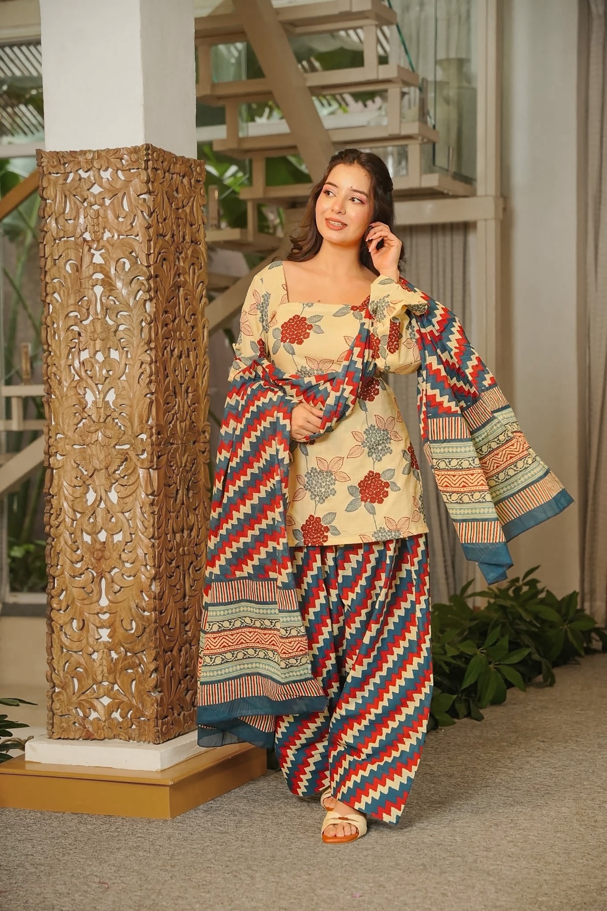 Mustard Floral Printed Cambric Cotton Kurta Set