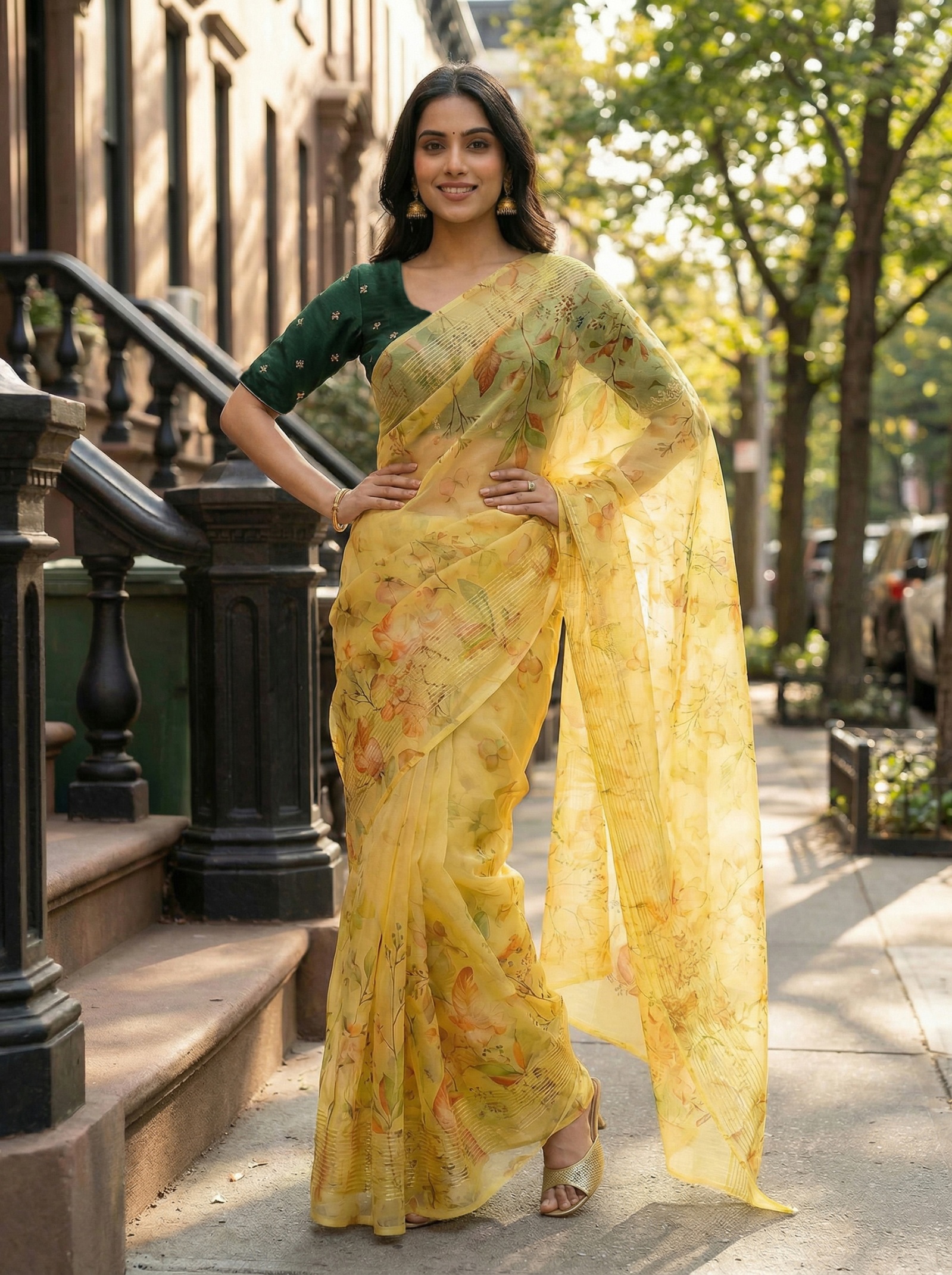Mustard Floral Printed Organza Saree