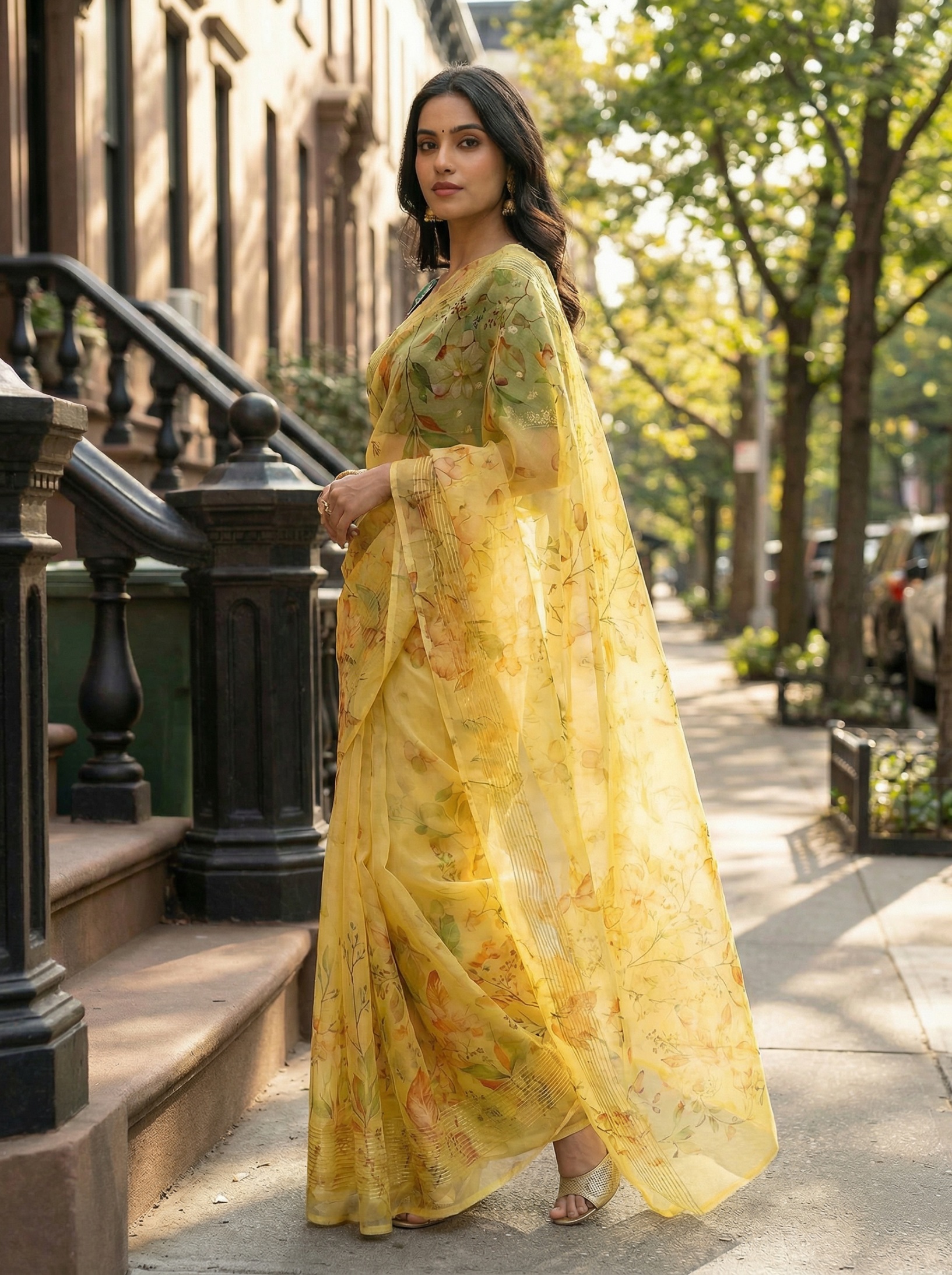 Mustard Floral Printed Organza Saree — alternate view