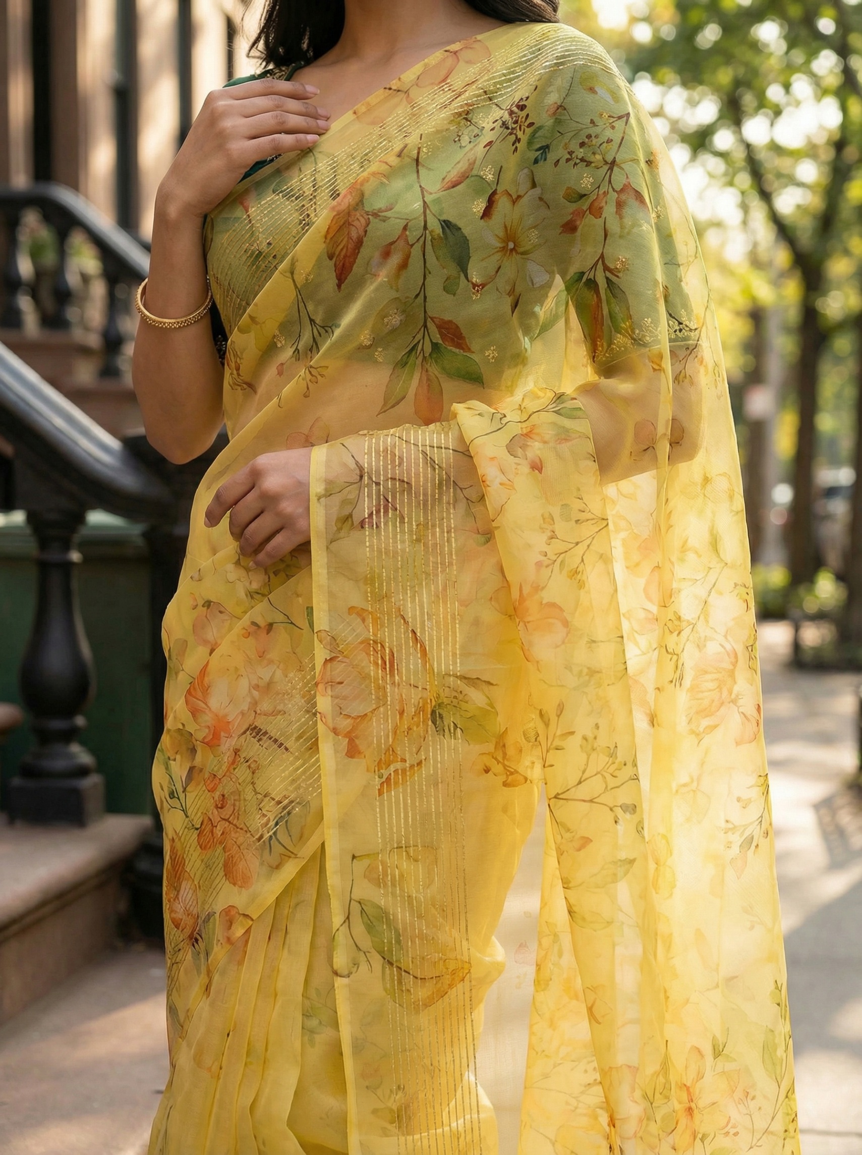 Mustard Floral Printed Organza Saree