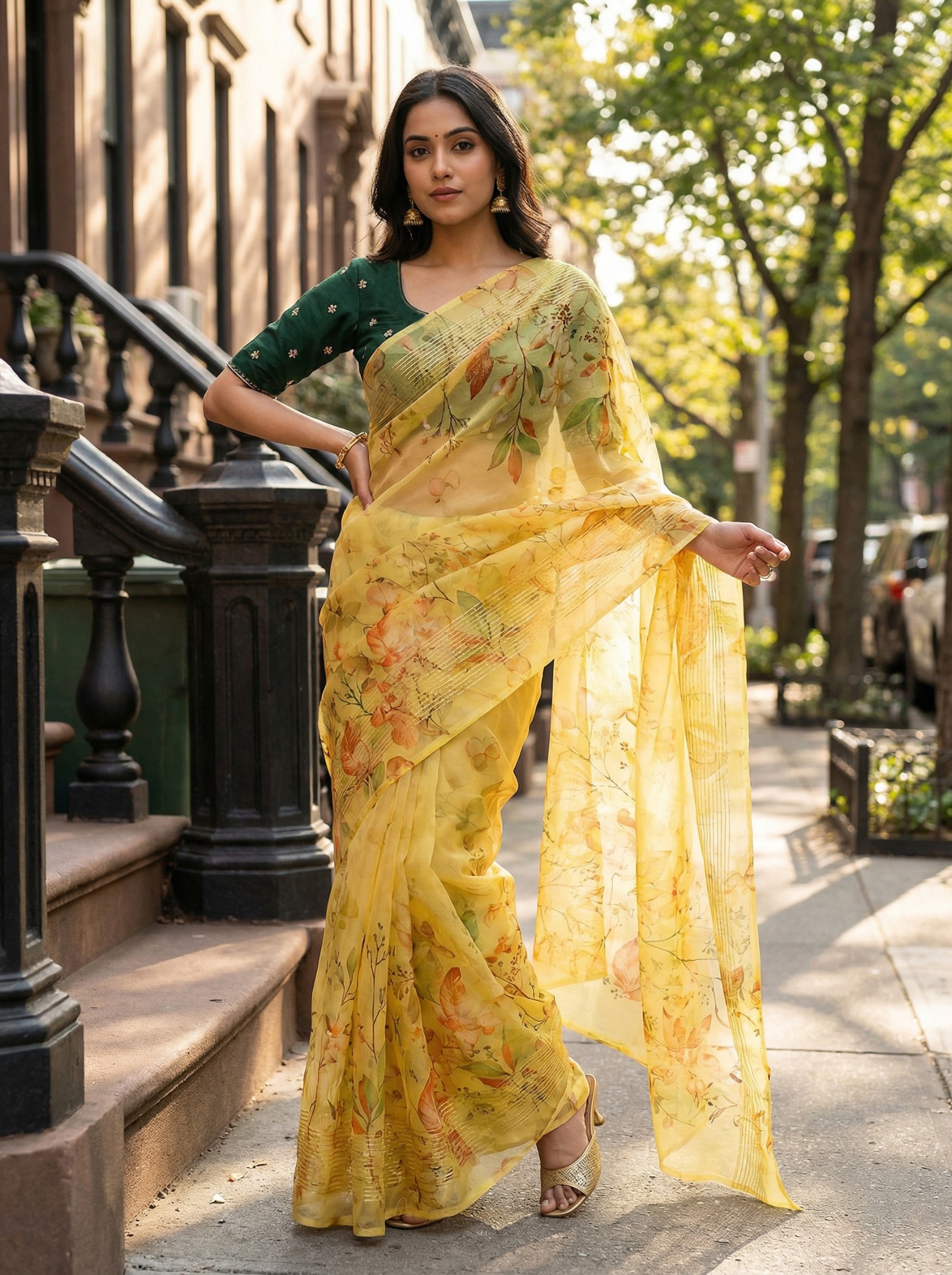 Mustard Floral Printed Organza Saree