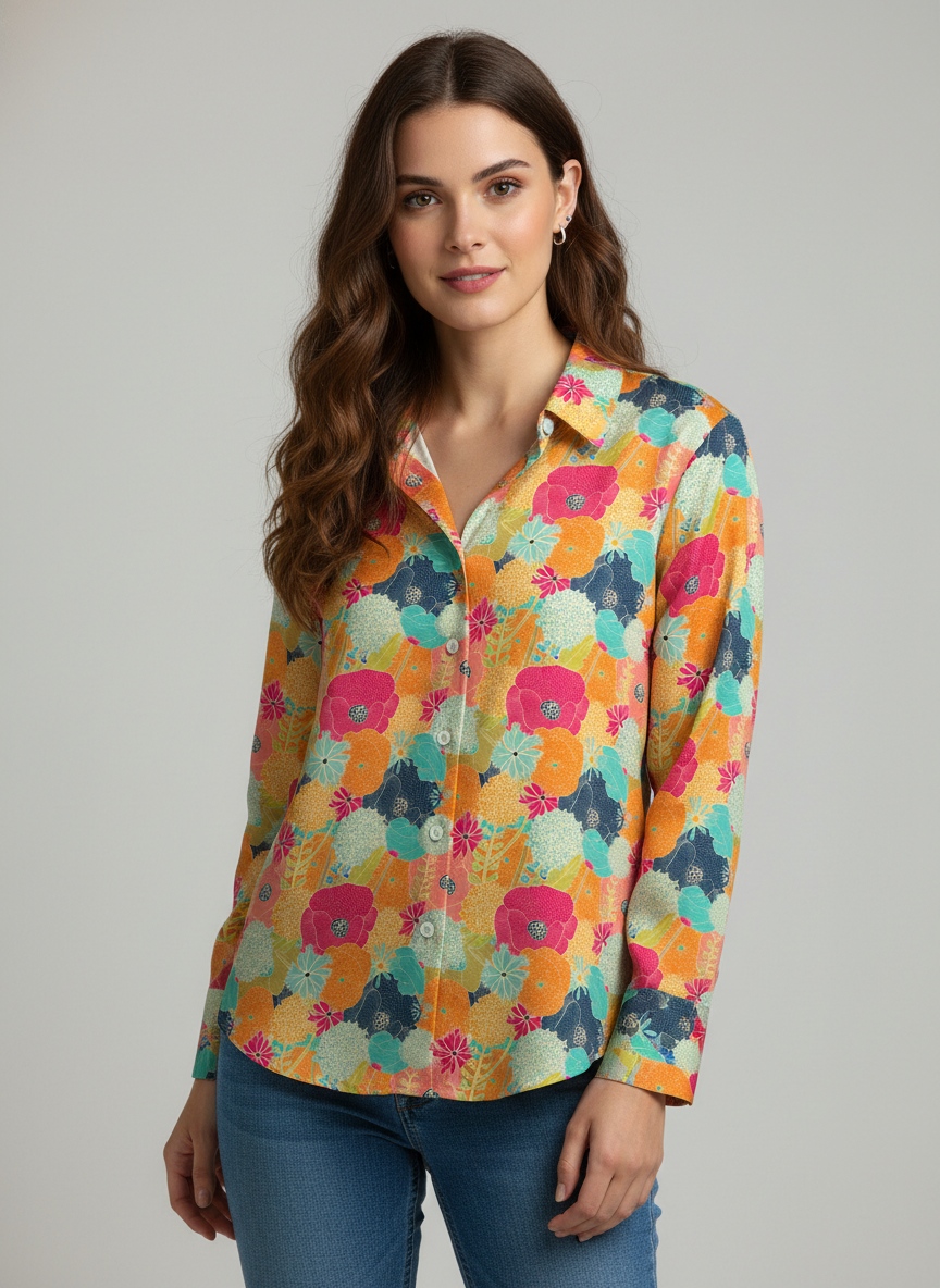 Mustard Floral Printed Super Satin Shirt