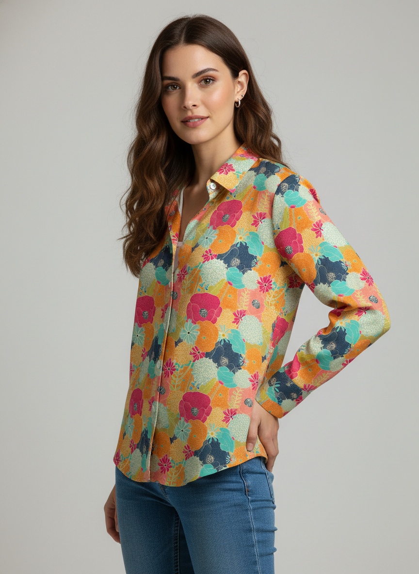 Mustard Floral Printed Super Satin Shirt