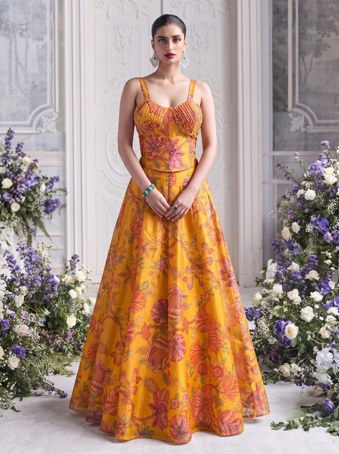 Mustard Floral Printed Tabby Organza Lehenga Choli