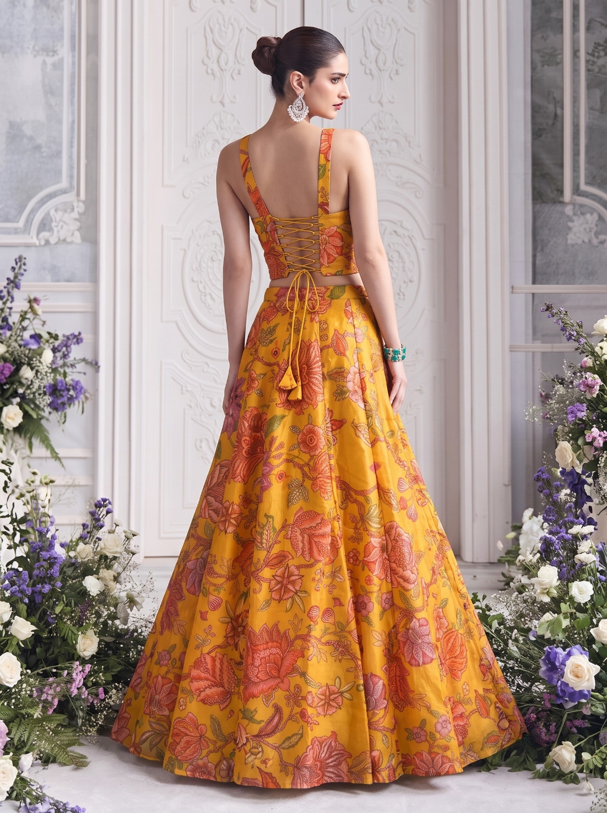 Mustard Floral Printed Tabby Organza Lehenga Choli — alternate view
