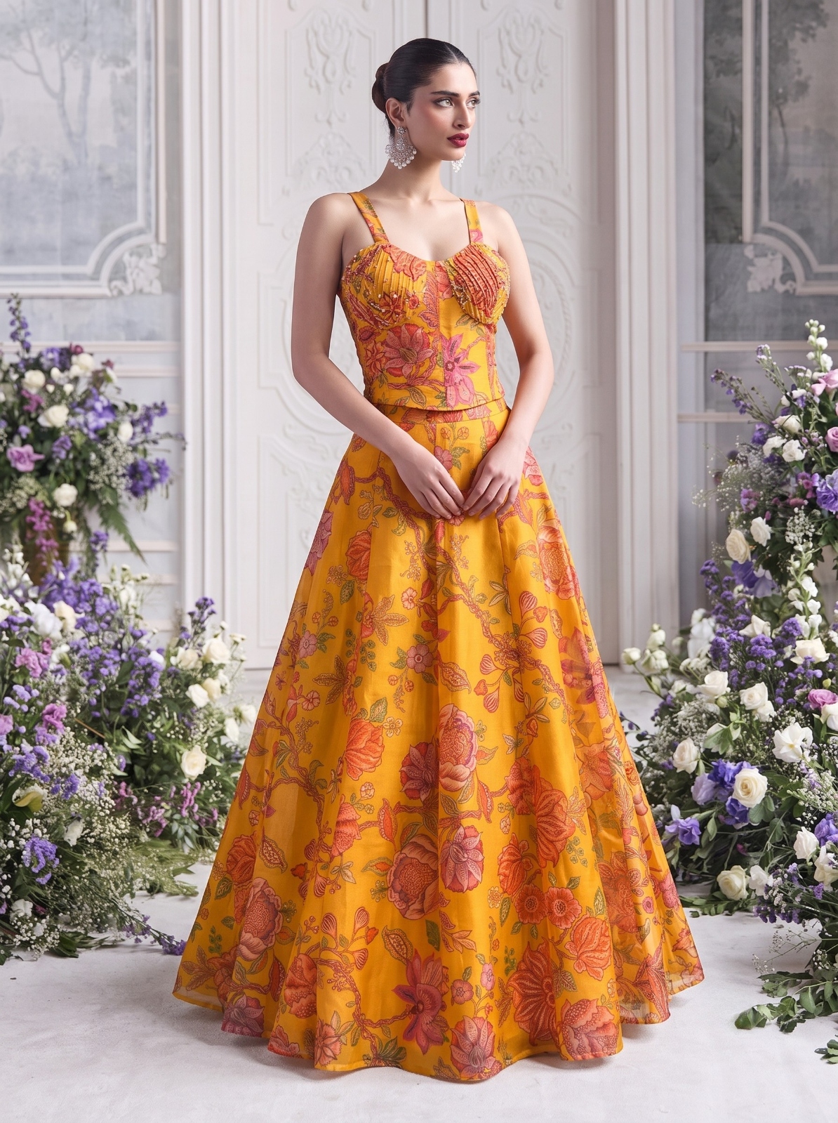 Mustard Floral Printed Tabby Organza Lehenga Choli