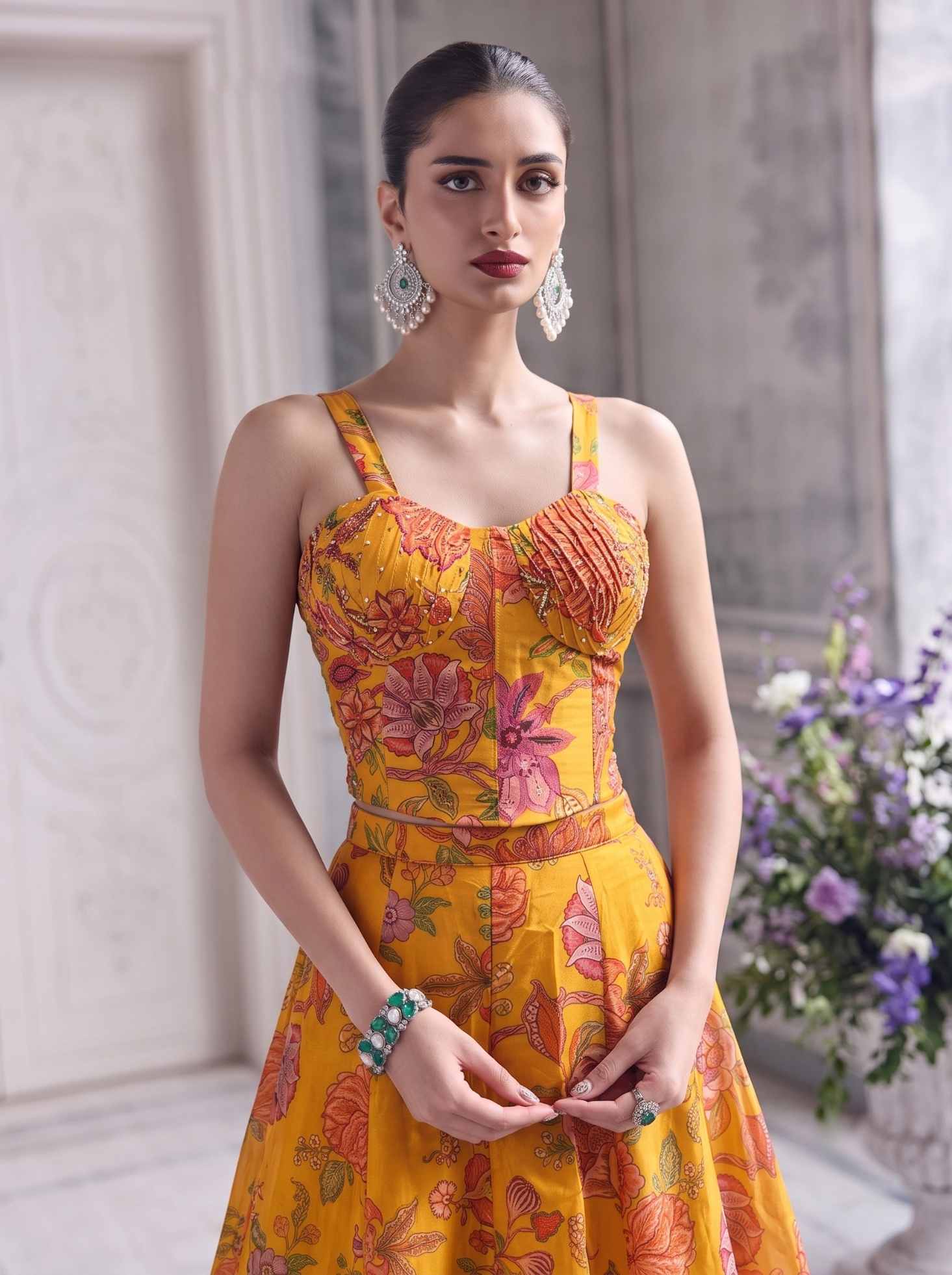 Mustard Floral Printed Tabby Organza Lehenga Choli