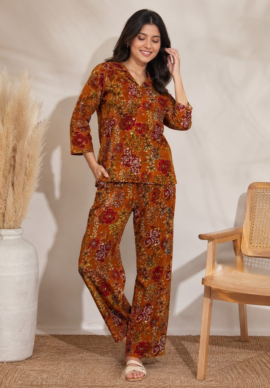 Mustard Floral Rayon Cotton Co-Ord Set