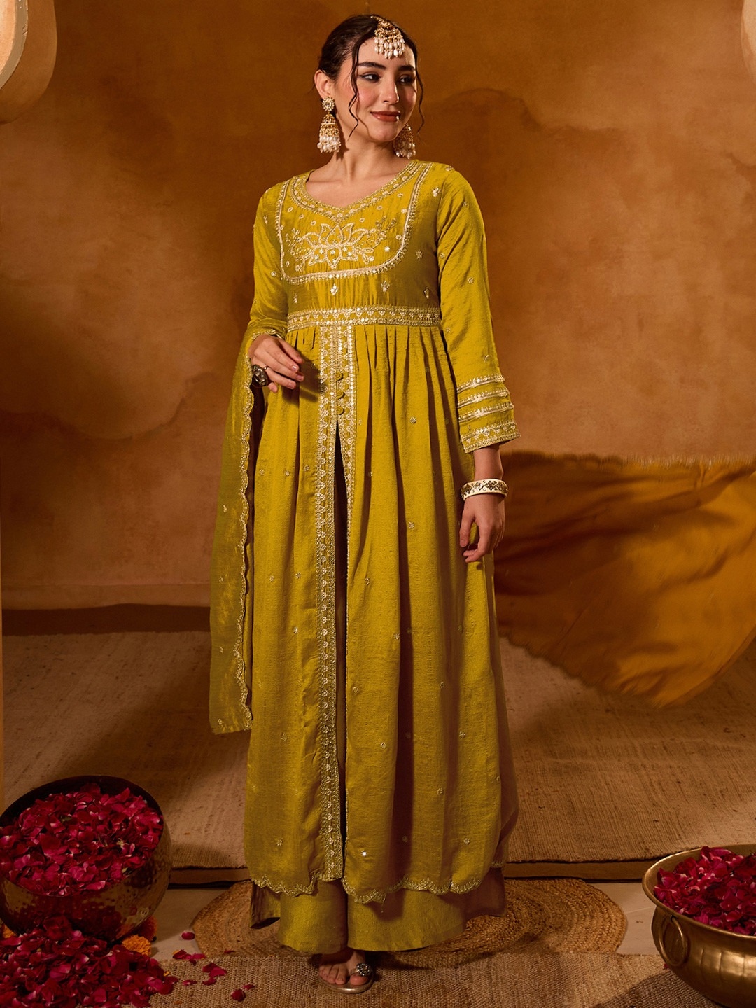 Mustard Floral Thread Viscose Silk Anarkali Suit
