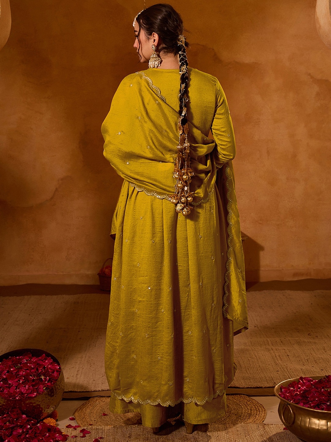 Mustard Floral Thread Viscose Silk Anarkali Suit — alternate view